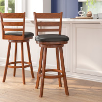 Flash Furniture ES-UN3-29-OAK-GG Zerrick Commercial Grade Wood Classic Ladderback Swivel Bar Height Barstool with Padded Black LeatherSoft Seat, Antique Oak